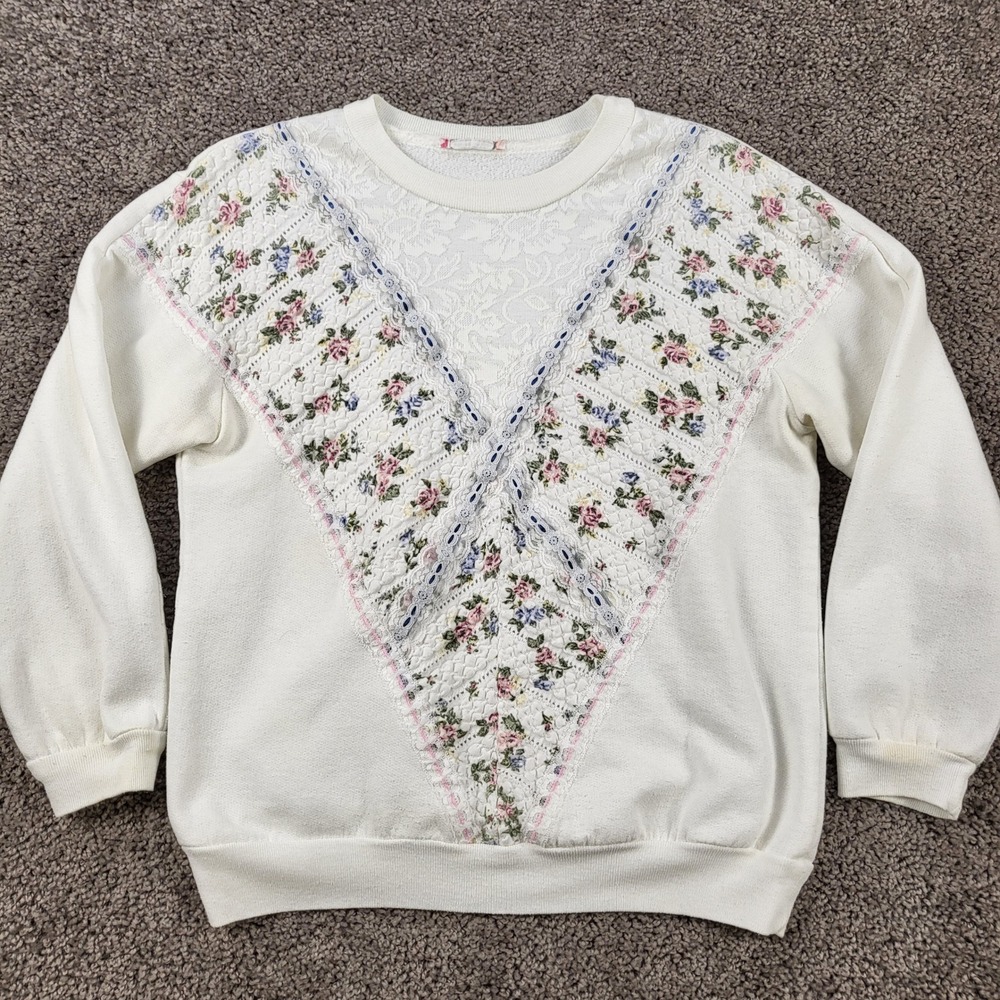 Vintage Floral Lace Panel Sweatshirt Cream Crewneck‎ 80s 90s Cottagecore Womens